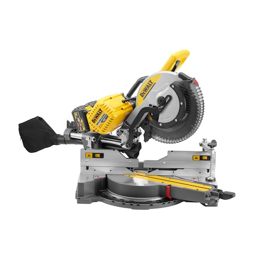 A DEWALT branded sliding compound miter saw with a yellow and black design, featuring a large circular blade, dust collection bag, and adjustable support arm, placed on a white background.