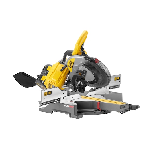A DEWALT cordless sliding compound miter saw with a yellow and black body, featuring the FLEXVOLT system. The tool is positioned on a white background, showing its blade, handle, dust bag, and sliding rail mechanism.