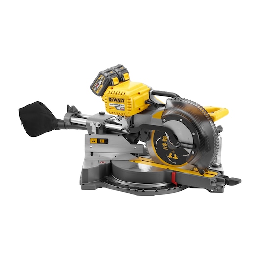 A DEWALT branded cordless sliding compound miter saw with a yellow and black design. The saw has a brushless motor, a circular blade, a dust collection bag, and adjustment handles. It is designed for precise woodworking and construction cutting tasks.