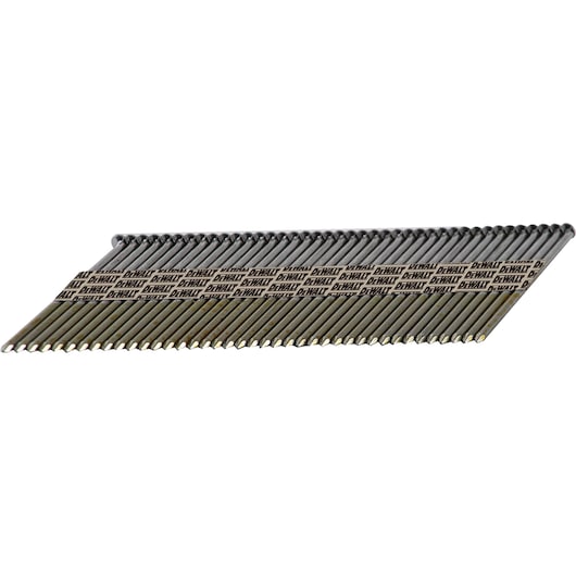 A bundle of DEWALT collated framing nails arranged in a row, with the brand name visible on the paper strip holding them together.