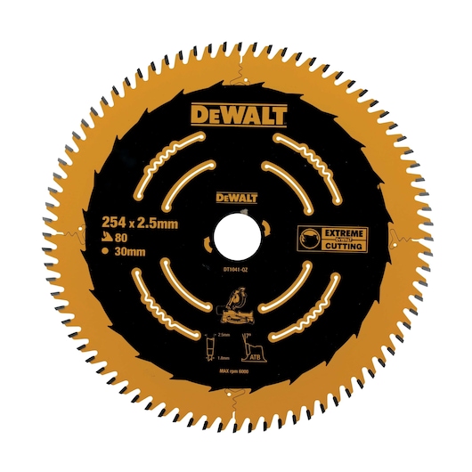 A DEWALT DT1041 circular saw blade with black and yellow coloring, 254mm diameter, 2.5mm thickness, 80 teeth, 30mm arbor size, labeled 'EXTREME CUTTING'.