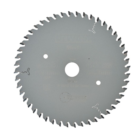A DEWALT circular saw blade with 48 teeth, designed for cutting wood. The blade is metallic, round, and has a hole in the center for mounting on a saw. Product details and specifications are engraved on the surface.