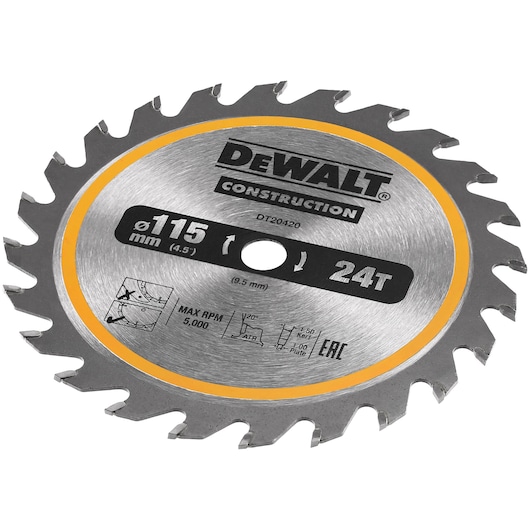 DEWALT 115mm 24T circular saw blade for construction, model DT20420, with max 5,000 RPM.