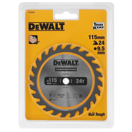 DEWALT 115mm 24T circular saw blade for wood, in yellow packaging. Model DT20420, thin kerf.