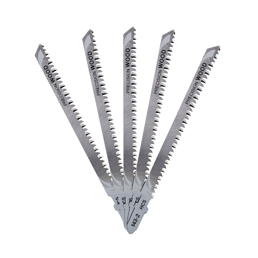 Five DEWALT precision wood jigsaw blades fanned out, showing sharp teeth and metal construction. The blades are labeled with 'PRECISION WOOD' and model information.