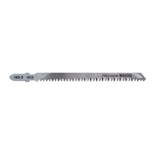 A DEWALT DT2048 precision wood jigsaw blade with sharp teeth for cutting wood, marked with '143-2 HCS' and 'PRECISION WOOD' on the blade.