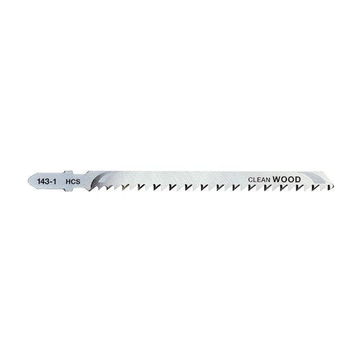 A DEWALT DT2052 jigsaw blade designed for clean wood cutting, with visible teeth and markings indicating '143-1 HCS' and 'CLEAN WOOD'.