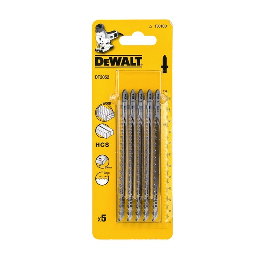 Pack of five DEWALT DT2052 jigsaw blades for wood, displayed in yellow packaging. The package includes information about blade material (HCS), cutting capacity (up to 65mm), and other specifications.