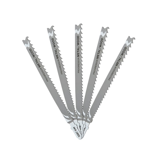 Five DEWALT jigsaw blades arranged in a fan shape, designed for cutting metal and wood. The blades have sharp teeth and are labeled 'Progressor Metal/Wood.'