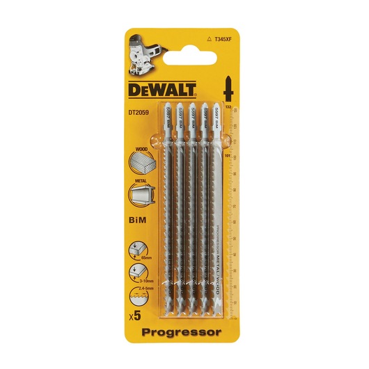 Pack of five DEWALT DT2059 Progressor jigsaw blades in yellow packaging, suitable for wood and metal cutting, BiM material, T345XF type.