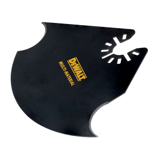 A DEWALT branded multi-material saw blade attachment with a black finish and angular design, suitable for cutting various materials.