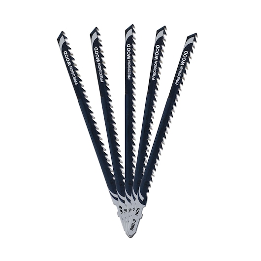 Five DEWALT DT2076 jigsaw blades for wood cutting, arranged in a fanned-out pattern on a white background.