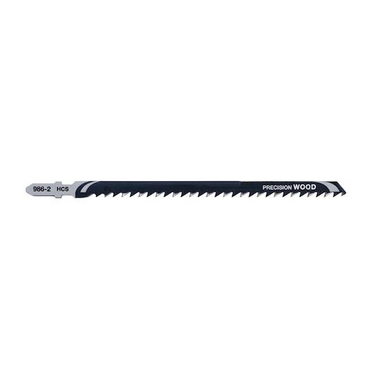 A single DEWALT DT2076 precision wood jigsaw blade, designed for cutting wood, shown against a white background.