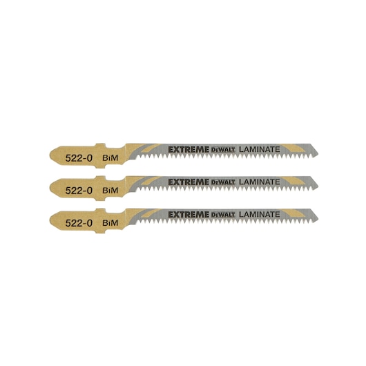 Three DEWALT DT2081 Extreme Laminate jigsaw blades, designed for cutting laminate materials, shown side by side with gold and silver coloring and printed labeling.