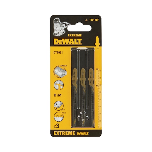 Pack of three DEWALT DT2081 Extreme BiM jigsaw blades for laminate, shown in yellow and black packaging. The blades are designed for wood thickness up to 15mm and feature teeth spacing of 1.4mm, as indicated by the icons and labels on the front.
