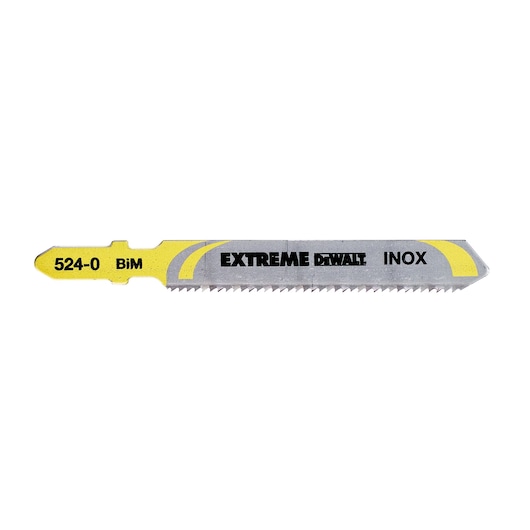 DEWALT DT2083 Extreme jigsaw blade for cutting stainless steel, made of bi-metal material, with yellow and silver coloring and labeled '524-0 BiM EXTREME DEWALT INOX'.