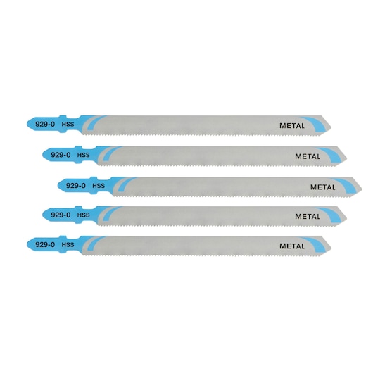 Five DEWALT metal saw blades with blue tips and teeth, labeled '929-0 HSS' and 'METAL', arranged parallel on a white background.