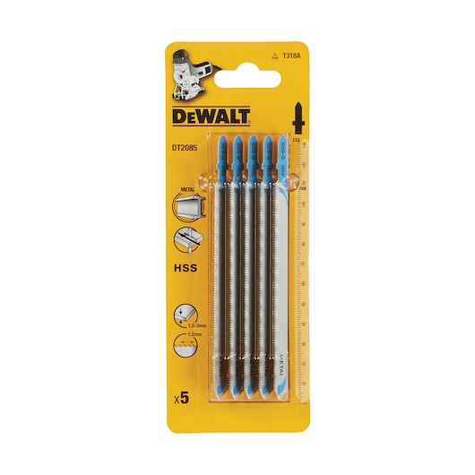 Pack of five DEWALT DT2085 metal cutting jigsaw blades in yellow packaging. The label shows compatibility for metal, made of HSS, suitable for cutting metal sheets with thicknesses from 1.5 to 3mm and pipes with 1.2mm wall thickness.