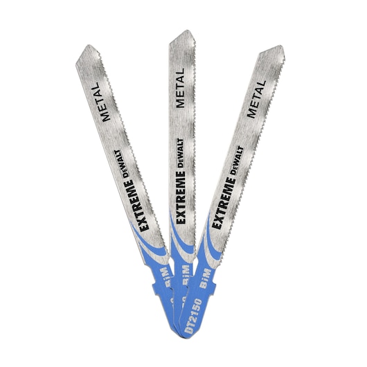 Three DEWALT DT2150 jigsaw blades for cutting metal, shown fanned out with blue bases and silver, serrated edges. The blades are labeled 'EXTREME DEWALT METAL' and 'BIM.'