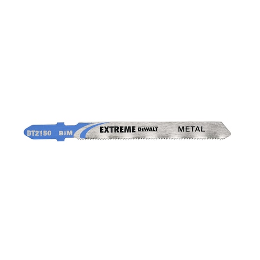 A DEWALT DT2150 Extreme metal jigsaw blade with BiM marking, designed for cutting metal materials. The blade has a blue and silver coloring with printed product information.