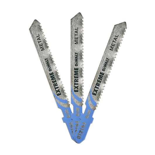 Three DEWALT DT2154 metal cutting jigsaw blades with silver cutting edges, blue bases, and labeled 'EXTREME' and 'METAL.' The blades are arranged in a fan shape.