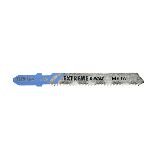 A DEWALT DT2154 extreme metal jigsaw blade, shown isolated on a white background. The blade is silver with a blue shank and has sharp teeth along the edge, suitable for cutting metal.