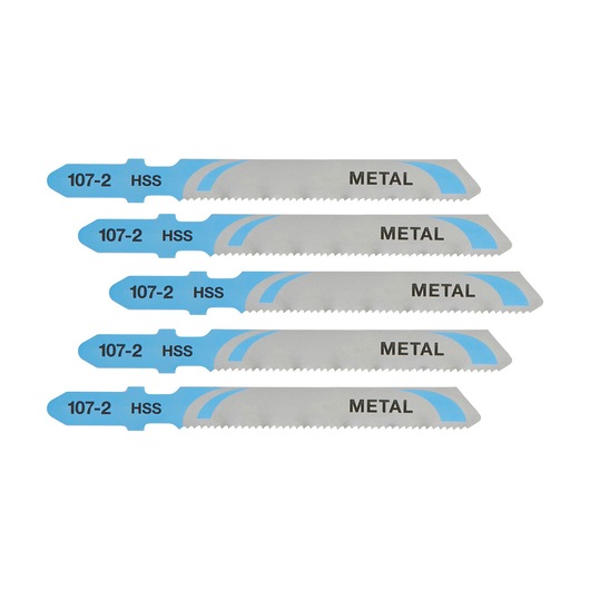 Five metal cutting jigsaw blades labeled '107-2 HSS METAL' are arranged in a row. The blades have a blue and silver color scheme with fine teeth.