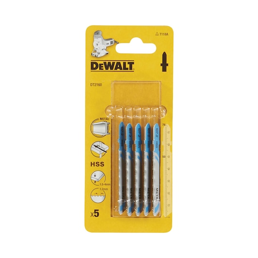 DEWALT DT2160 HSS metal jigsaw blades pack of 5 pieces in yellow packaging, showing the blades suitable for cutting metal, with diagrams indicating usage and sizes.