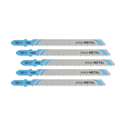 Four DEWALT DT2163 high-speed metal jigsaw blades with blue and grey color, labeled '121-1 HSS' and 'SPEED METAL', displayed horizontally.