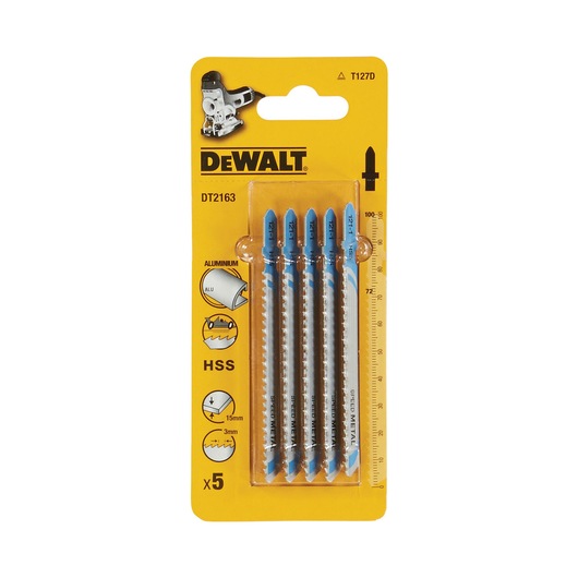 Pack of five DEWALT DT2163 high-speed steel jigsaw blades for aluminum, shown in yellow retail packaging with details such as blade type T127D and cutting specifications.