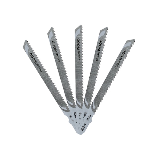 Five DEWALT jigsaw blades for clean wood cutting displayed in a fan shape, with sharp teeth and product markings visible.