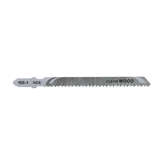 A DEWALT DT2165 clean wood jigsaw blade with sharp teeth, labeled '105-1 HCS' and 'CLEAN WOOD', designed for cutting wood.