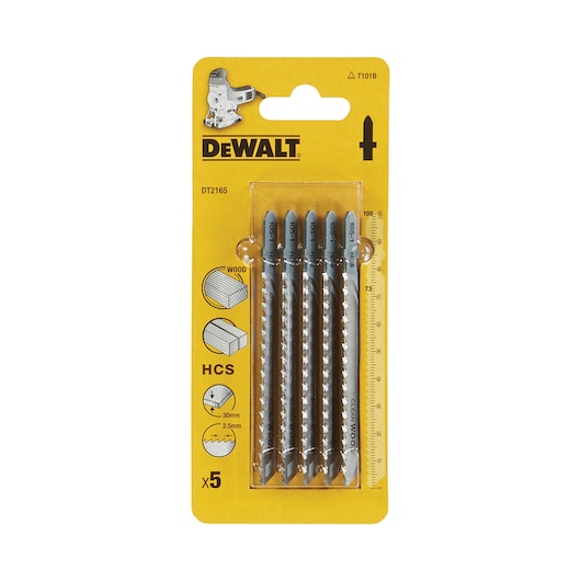 A pack of five DEWALT DT2165 jigsaw blades for wood, displayed in yellow packaging. The pack shows illustrations indicating suitability for clean wood cuts, HCS material, and cutting depth specifications.