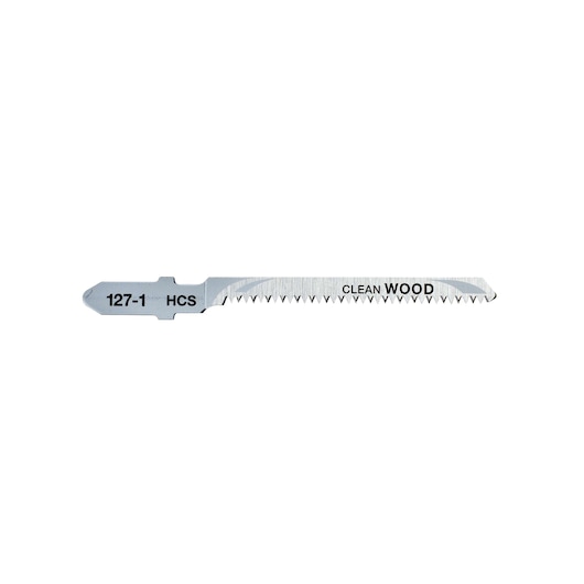 A DEWALT DT2168 jigsaw blade designed for clean wood cutting, featuring sharp teeth and '127-1 HCS' and 'Clean Wood' markings.