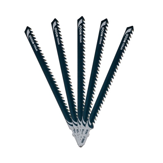 A set of five DEWALT jigsaw blades arranged in a fan shape. The blades are black with sharp teeth and labeled 'Speed Wood,' designed for cutting wood.