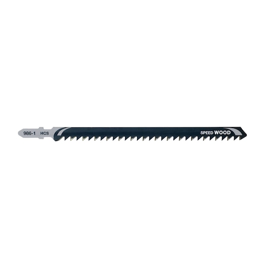 A DEWALT DT2169 jigsaw blade designed for cutting wood, featuring sharp teeth along its edge and labeled with 'SPEED WOOD' and '986-1 HCS' on a white background.