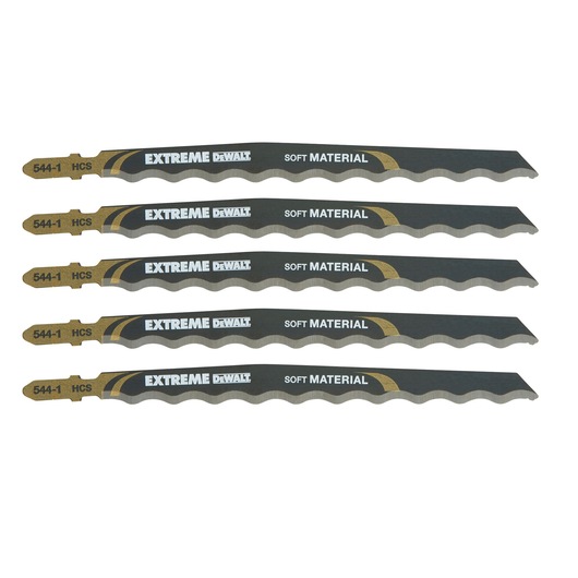 Five DEWALT Extreme jigsaw blades for soft material, model 544-1 HCS, arranged in parallel on a white background.