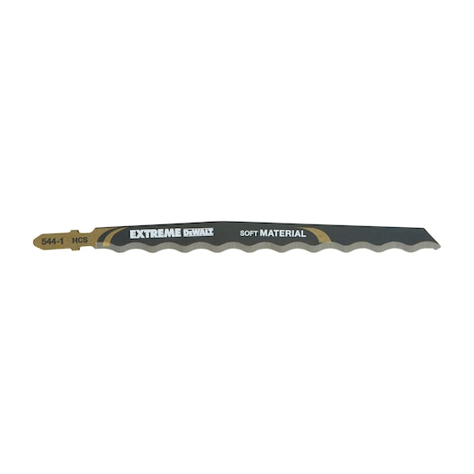 A DEWALT DT2201 jigsaw blade for cutting soft materials, featuring a wavy edge and product labeling.