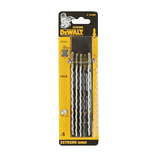 Pack of five DEWALT Extreme jigsaw blades, model DT2201, designed for cutting soft materials. The blades are packaged in a yellow and black blister pack with product details and brand logo visible.