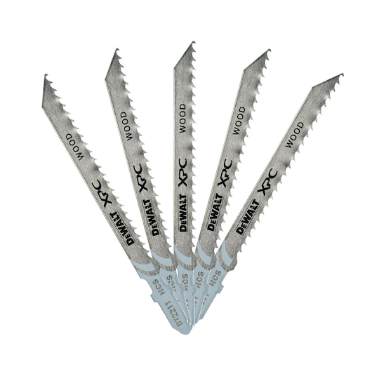 A set of five DEWALT XPC jigsaw blades for wood, fanned out. Each blade is metallic with sharp teeth and the word 'WOOD' printed on them along with the brand name DEWALT. The blades are designed for woodworking tasks.