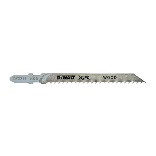 A DEWALT DT2211 XPC woodcutting jigsaw blade with sharp teeth, designed for cutting wood.