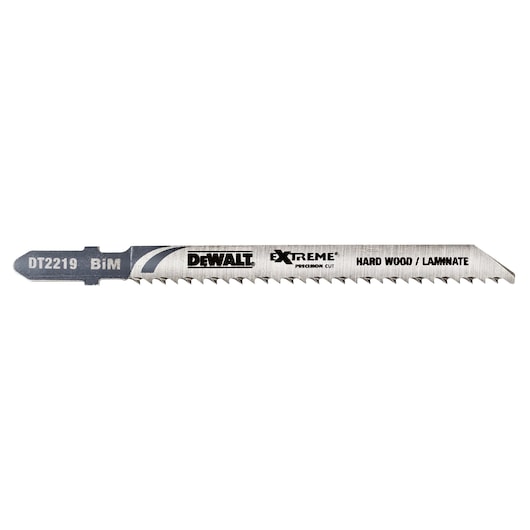 DEWALT DT2219 Extreme BiM jigsaw blade for precision cutting, labeled for hard wood and laminate.