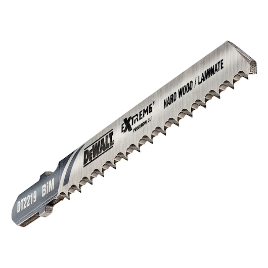 A DEWALT DT2219 Extreme Precision Cut jigsaw blade, designed for cutting hard wood and laminate, shown against a white background.