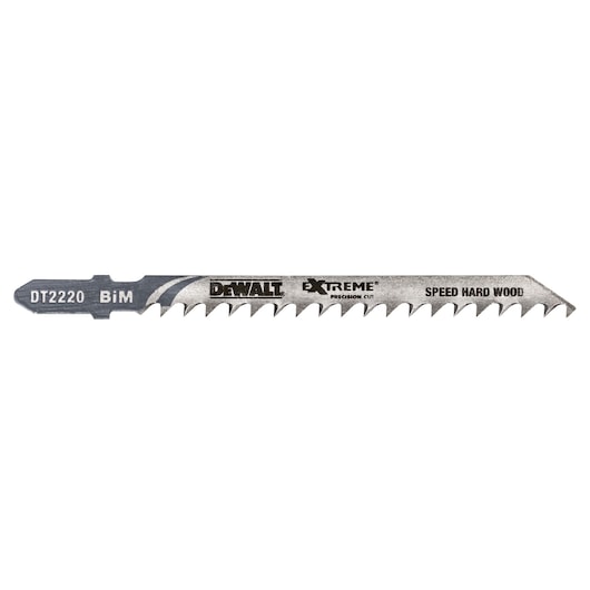 DEWALT DT2220 Extreme precision cut jigsaw blade for speed cutting hard wood. The blade is silver with sharp teeth and labeled with product details.