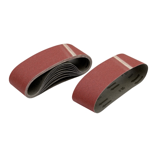 Two red abrasive sanding belts, shown on a white background. The belts are looped and labeled with grit size P80, suitable for belt sanders.