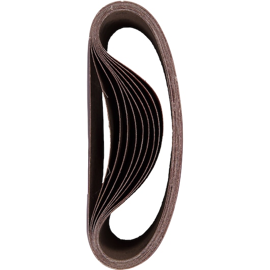 A stack of brown abrasive sanding belts, shown side-on against a white background.