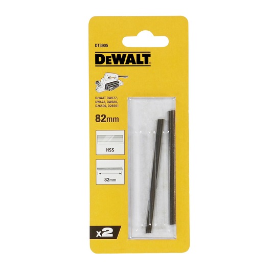 DEWALT DT3905 HSS planer blades, set of 2, 82mm length, packaged in a yellow blister pack with product details and compatibility information displayed.