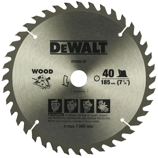 A close-up image of a DEWALT DT4062-IN circular saw blade for wood. The blade is metallic with sharp teeth around the edges, labeled for 185 mm diameter and 40 teeth. It shows safety icons for protective eyewear, mask, and gloves, with a warning about proper use and maximum speed of 7000 revolutions per minute.