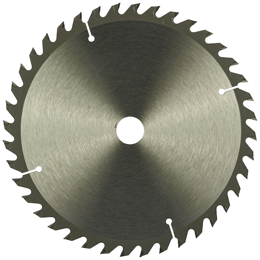 A close-up image of a circular saw blade with sharp teeth and a central hole, used for cutting wood or metal.