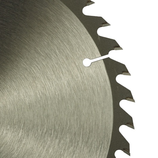 Close-up of a circular saw blade with sharp teeth, showing the metal surface and cutting edges.
